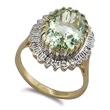 9ct Yellow Gold Ladies Large Cluster Ring In Green Amethyst And Diamond Set With 4pts Of Diamonds Size O