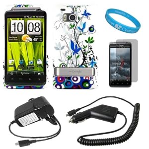 Blue Spring Flower Design Rubberized 2 Piece Protective Durable Hard Crystal Case Cover for Verizon Wireless NEW HTC Thunderbolt 4G HD ADR6400 + Clear Screen Protector + Black Rapid Travel Wall Charger with IC Chip + Black Rapid Car Charger with IC Chip + SumacLife TM Wisdom Courage Wristband