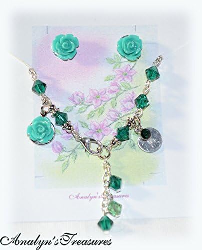 Flower Girl Bracelet in Emerald Swarovski May Birthstone &amp; Rose Earrings Set- Hand Stamp Initials - Wedding / Birthday Gift~ 6 1/2
