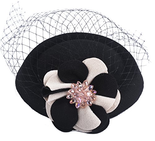 Aniwon British Style Wool Pillbox Hat Cocktail Party Wedding Flower Veil Fascinator for Women