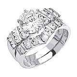 14K White Gold Solitaire CZ Cubic Zirconia High Polish Finish Ladies Wedding Engagement Ring with Round Side Stone and Matching Band 2 Two Piece Sets