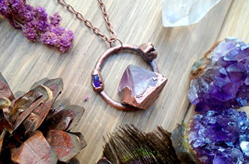 Fluorite Amethyst Necklace Copper Circle Electroform Third Eye Chakra Jewelry. Boho Rustic Stone Energy Pendant.