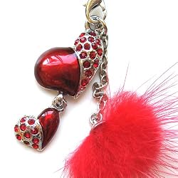 Cell Phone / Camera Charm Strap Beautiful Red Diamond Hearts With Fuzzy