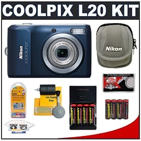 Nikon Coolpix L20 10 Megapixel Digital Camera (Navy Blue) with 3.6x Optical Zoom + AA Batteries + Case + Accessory Kit