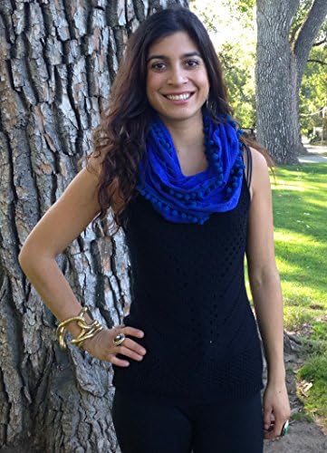Royal Blue Pom Pom Scarf with Teal Pom Poms Trim 100% Cotton by Elizabeth Koh