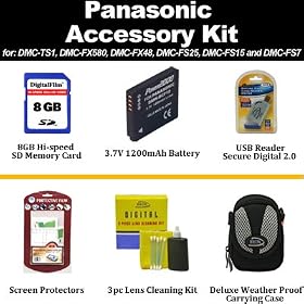 Panasonic DMC-TS1, DMC-FX580, DMC-FX48, DMC-FS25, DMC-FS15 and DMC-FS7 Accessory Kit Includes Transcend 8GB Secure Digital High Capacity (SDHC) Card Class + DMW-BCF10 Extended Battery + Card Reader + LCD Screen Protector + More