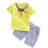 【SEBLES】ベビー 赤ちゃん 男の子 女の子 ユニセックス 半袖 襟 無地 プリント ネクタイ ボーダー柄 パンツ ボトムス ツーピース セット コットン 綿(イエロー,73cm)