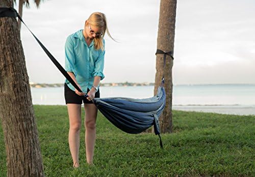 Premium Outdoor Nylon Camping Hammock for Two, with Tree Straps Lightweight, Compact & Portable for Camping, Hiking, Backyard Lounging & More Made of Durable Parachute Nylon with Free 9ft Tree Straps (Black/Gold)