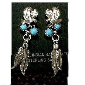 Click here to buy Native American Sterling Silver Feather Earrings with Eagles and Turquoise by Roger Enterprises.
