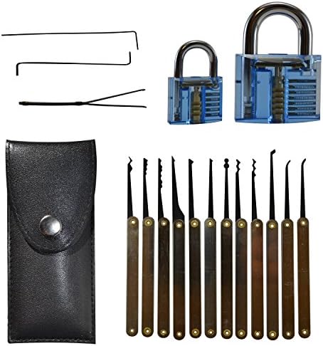 Lock pick set, tension wrench &amp; transparent padlock, best locksmith tools for beginner by Lock N Unlock 15 pcs lock picking set