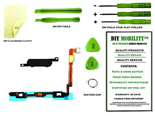 Samsung Galaxy Note 2 Black Home Button and Home Menu Touch Sensor Flex Cable PREMIUM Kit with DM Tools, Cleaning Cloth, and Instructions Included N7105 N7100 I605 R950 I317 T889 L900 - DIYMOBILITY