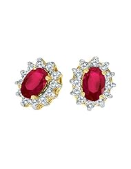 14K Yellow Gold Oval Ruby and Diamond Earrings