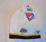Los Angeles Lakers White Striped Skull Cap - NBA Cuffless Winter Knit Hat