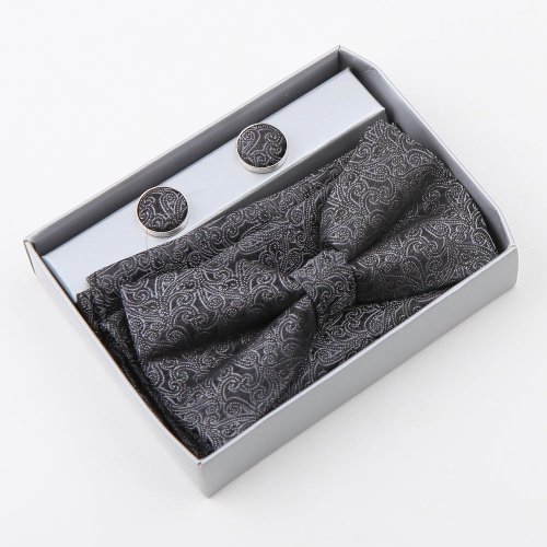 Black Paisley Silk Pre-tied Bowtie, Cufflinks,Handkerchiefs Present Box Set Black cheap Pointe BT2050