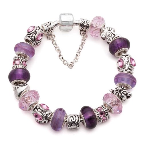 (7.8inch/20cm) Fashion Style Purple Glass Beads Charm Beaded Complete Silver-Tone Bracelets