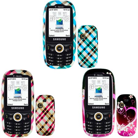 iNcido Brand Samsung T369 Combo Hot Pink Plaid Protective Case Faceplate Cover + Blue Plaid Protective Case Faceplate Cover + Purple Love Protective Case Faceplate Cover for Samsung T369