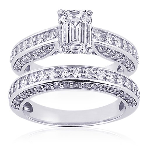2 Ct Emerald Cut Diamond Wedding Rings Pave-Set SI2 14k