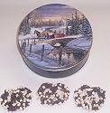 Scott's Cakes 1 lb. Dark Chocolate Covered Pretzel with Chocolate Chips & White Chocolate Chips in a Sleigh Ride Tin