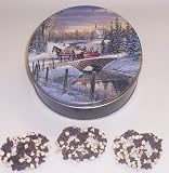Scott's Cakes 1 lb. Dark Chocolate Covered Pretzel with Chocolate Chips & White Chocolate Chips in a Sleigh Ride Tin