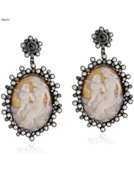 Diamond Pave Pearl Cameo Dangle Earrings 18kt Gold & Silver Antique Style Jewelry