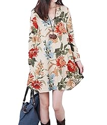 Cotton/Linen Floral Print Peplum  Shirt  Dress