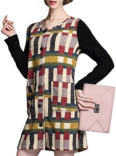 Misslin Women's Loose Thin British Plaid Round Neckline Button Up Coat Dress Black Asian 2XL /US 1X (Bust:45.3")