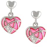 Pink Enamel and Diamond Heart Shaped Earrings in 14k White Gold