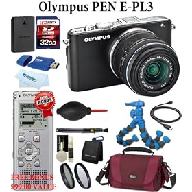 Olympus E-PL3 12.3 MP Digital Camera kit with 14-42mm II Lens (Black) + BONUS Olympus Voice Recorder WS-600S + LEXSpeed 32GB SDHC Memory Card + Extra PS-BLS1 Battery + Lowepro Deluxe Camera Bag + 2pc Multi-Coated Essential Filter Kit + Flexpod + $100 MAIL IN REBATE