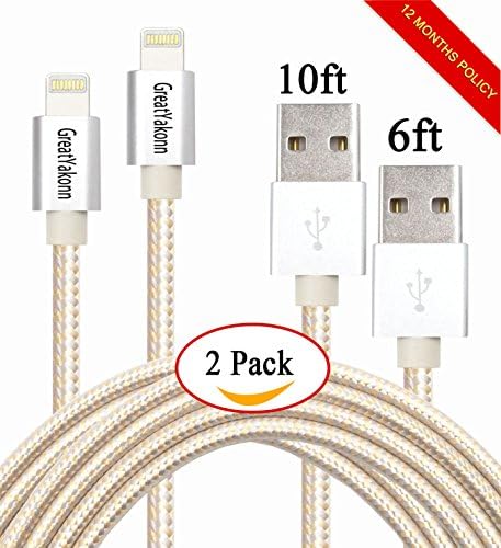 GreatYakonn 1pcs 6FT 1pcs 10FT 8Pin Lightning Cable Popular Nylon Braided Charging Cord USB Cable for iPhone 6s,6s+,6plus,6 iPhone 5,5c,5s,iPad Mini,Mini2.iPad 5,iPod 7(Gold and Silver)