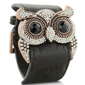 Leather and Crystal Owl Cuff Bracelet: Jewelry