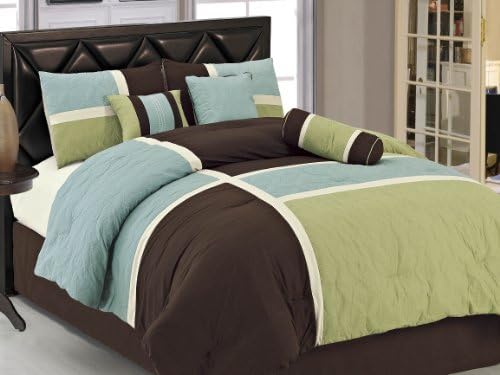 7-pieces Aqua Blue Sage Green Coffee Quilted Patchwork Comforter Set Queen Size