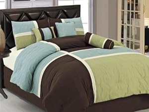 Chezmoi Collection 7-Piece Coffee Quilted Patchwork Comforter Set, Queen, Aqua Blue Sage Green