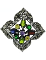 Sterling Silver Marcasite Clover Brooch Pin w/ Round & Marquise Cut Multi Colored Stones, 1 1/2 in. (38mm) tall