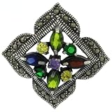 Revoni Sterling Silver Marcasite Clover Brooch Pin w/ Round & Marquise Cut Multi Colored Stones, 1 1/2 in. (38mm) tall