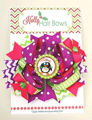 Holly Hair Bows- Boutique and Beautiful Christmas Bows for Girls (Purple Penguin)