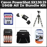 16GB All In Bundle For Canon PowerShot SX130 IS SX130IS Digital Camera Includes 16GB High Speed SD Memory card + Gripster + USB 2.0 High Speed Card Reader + 4AA (2900 mAH) Rechargable NIMH Baterries And Charger + Deluxe Case + LCD Screen Protectors