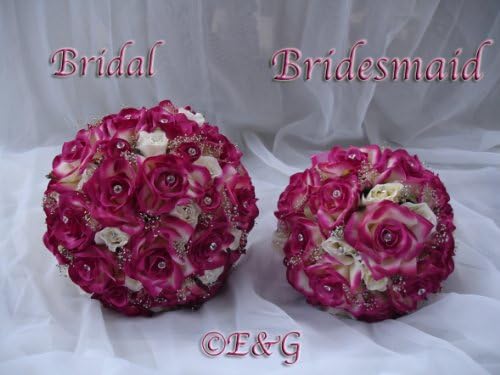 BEAUTIFUL CANDACE Fuschia & Cream Complete Wedding Package Bridal Bridesmaid Groom Corsage silk flowers