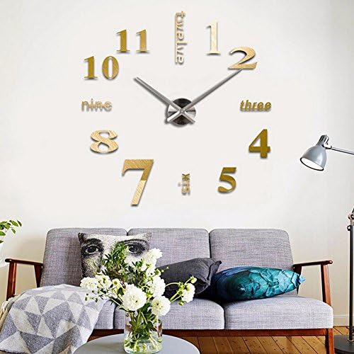 Oetech 3D DIY Mirror Stickers Frameless Large Wall Clock Home Decor Gold