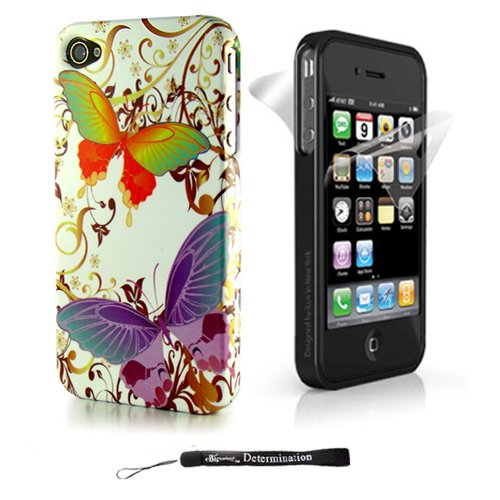 Premium Hard Design Crystal Case Snap On Cover for Apple iPhone 4 , 4th Generation, 4th Gen compatible with 16GB / 32GB - White Rainbow Butterfly HD Print + 4-inch eBigValue (TM) Determination Hand Strap Key Chain + Includes a Apple iPhone 4 INVISIBLE FULL BODY / SCREEN PROTECTOR Anti Glare Screen Protector Guard, Protects the Front and Back of your iPhone!!