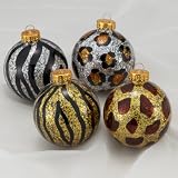 Set of 4 Animal Print Sparkling Glass Ball Christmas Ornaments 2.5"