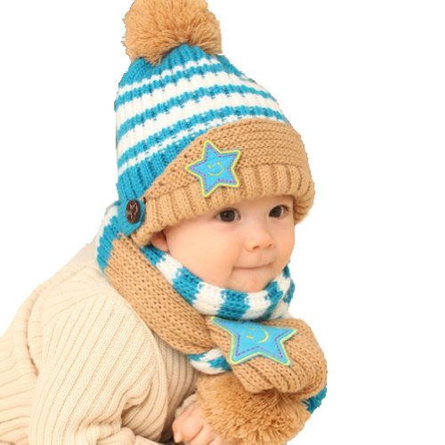 Winter Warm Baby Blue Stripe Wool Hat With Scarf Set