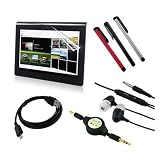 Produkt-Bild: Skque 3 x Touchscreen Stylus Stift in schwarz, rot und silber + Crystal Clear Displayschutzfolie + Micro USB Daten Kabel + 3.5mm Retractable Einziehbares Kabel + Kopfh&ouml;rer Ohrh&ouml;rer mit Mikrofon f&uuml;r Sony Tablet S