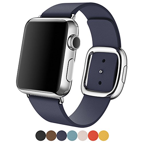 FanTEK Apple Watch Band, Modern Buckle  Leather Replacement iWatch Strap for Apple Wrist Smart Watch 42mm Models - Midnight Blue