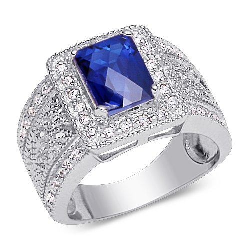 Breathtaking Radiant Cut Checker Board Created Blue Sapphire & White CZ Size 8 Gemstone Ring in Sterling Silver Rhodium Finish