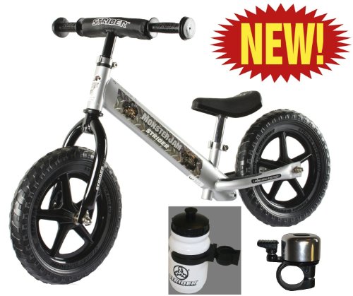Strider ST-3 No-pedal Balance Bike +BONUS-Water Bottle and Bell (Bundle) (Monster Jam)