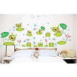 Lovely Animal Pond Wall Sticker Jumping Frogs with Dragonflies and Lotus Nursery Wall Decal