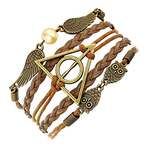 ELBLUVF Alloy Harry Potter Deathly Hallows Snitch Owl Brown Synthetic Leather Bracelet