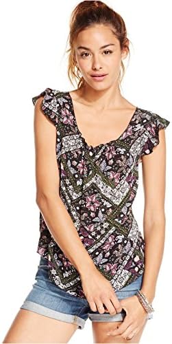 Belle Du Jour Juniors Printed Flutter-sleeve Floral Patchwork Top (Medium, Floral Printed)