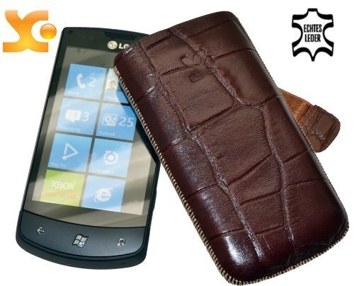 Suncase Ledertasche (Lasche mit R&uuml;ckzugfunktion) f&uuml;r LG E900 Optimus 7 croco-braun Preisvergleich