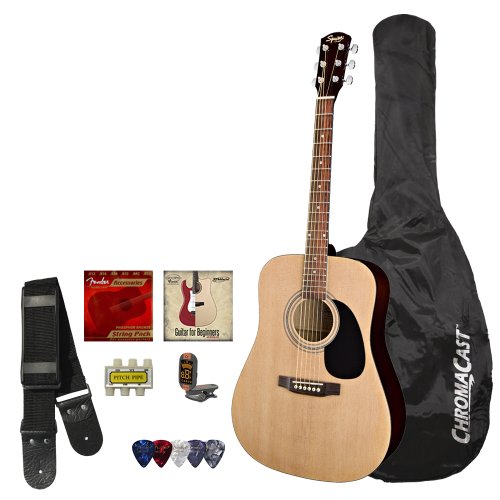 Squier by Fender Acoustic Guitar Bundle with Strings, Strap, Tuner, ChromaCast Guitar bag Pick Sampler